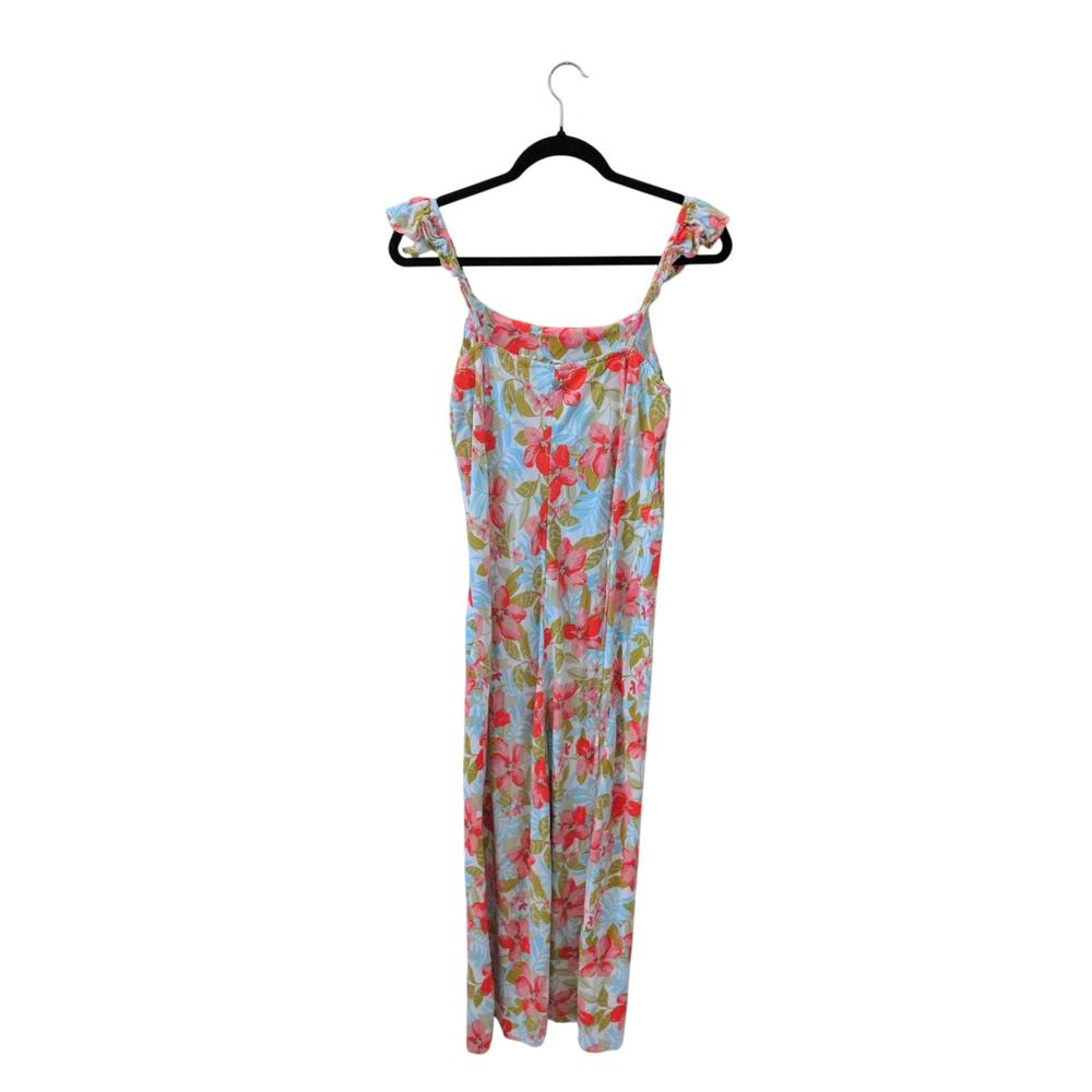 Roxy Floral Maxi Dress Large 12 Blue Coral Tropical Ruffle Strap Boho - Picture 5 of 5